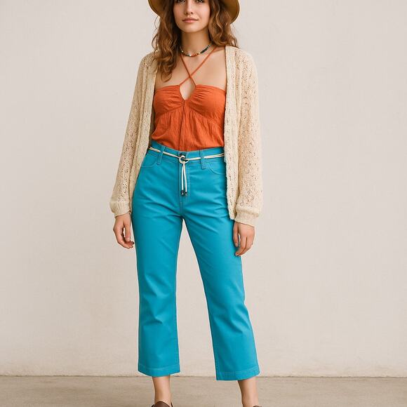 Vintage Lee Capri Pants Size M Blue Straight Leg Low Rise Belted Vacation Y2K - Picture 1 of 12